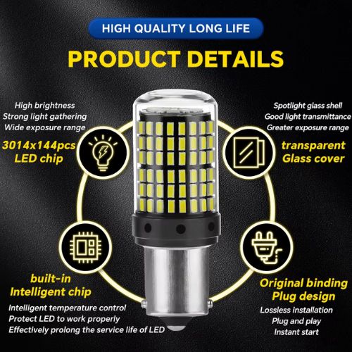 Bombillas LED 1157 BAY15D P21/5W Doble Contacto — Yirui 144SMD | 12V–48V | 20W | 2200 lm | Rojo / Ámbar