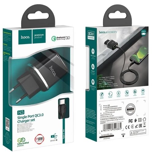 Cargador Hoco N3 QC3.0 con Cable Usb C Negro