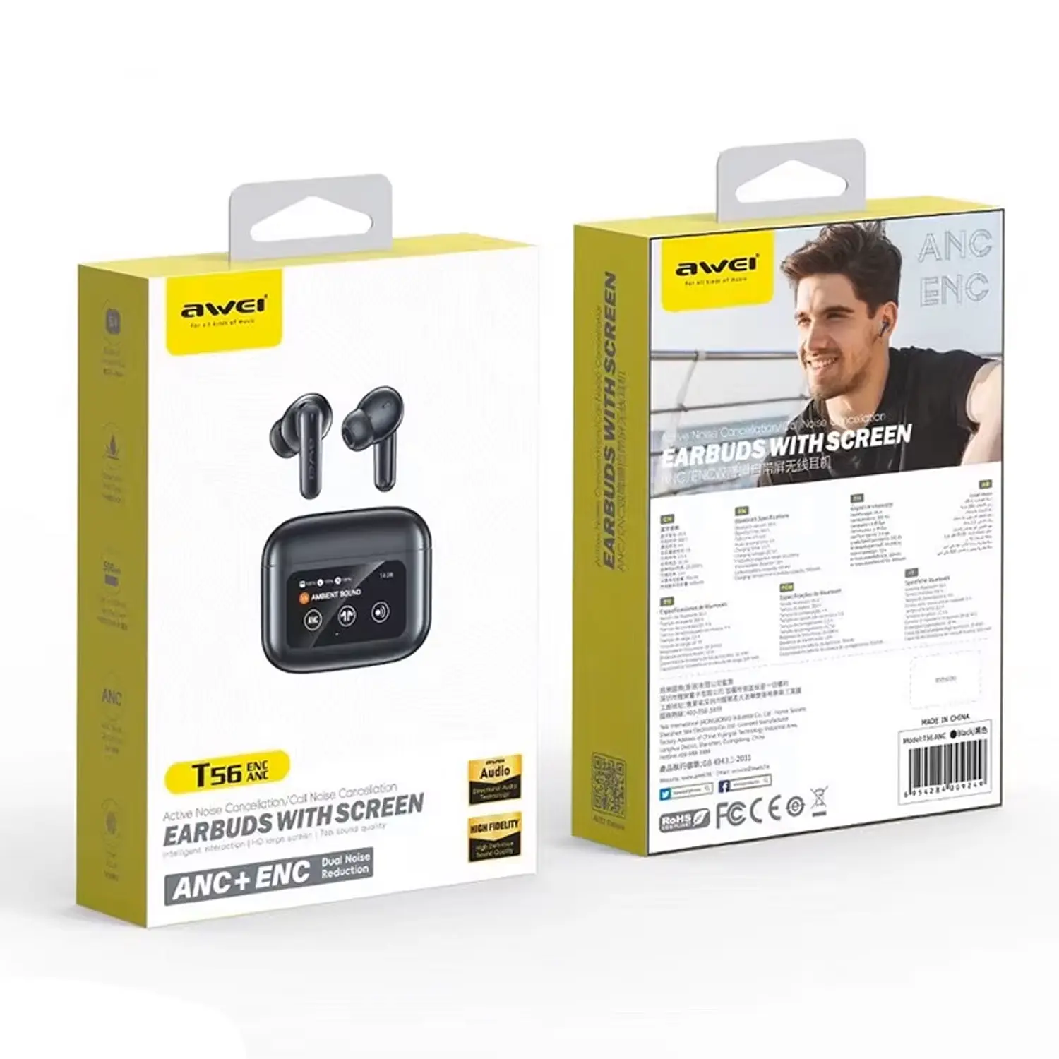 Audífonos TWS con Pantalla Awei T56 ANC, negro.