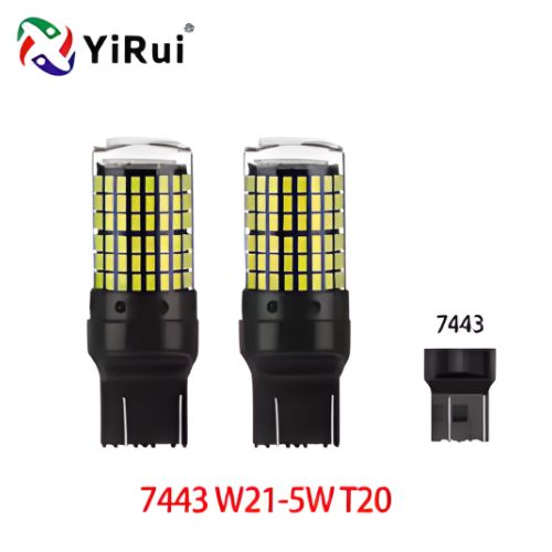 Bombillas LED 7443 W21/5W T20 Doble Contacto — Yirui 144SMD | 12V–48V | 20W | 2200 lm | Rojo / Ámbar